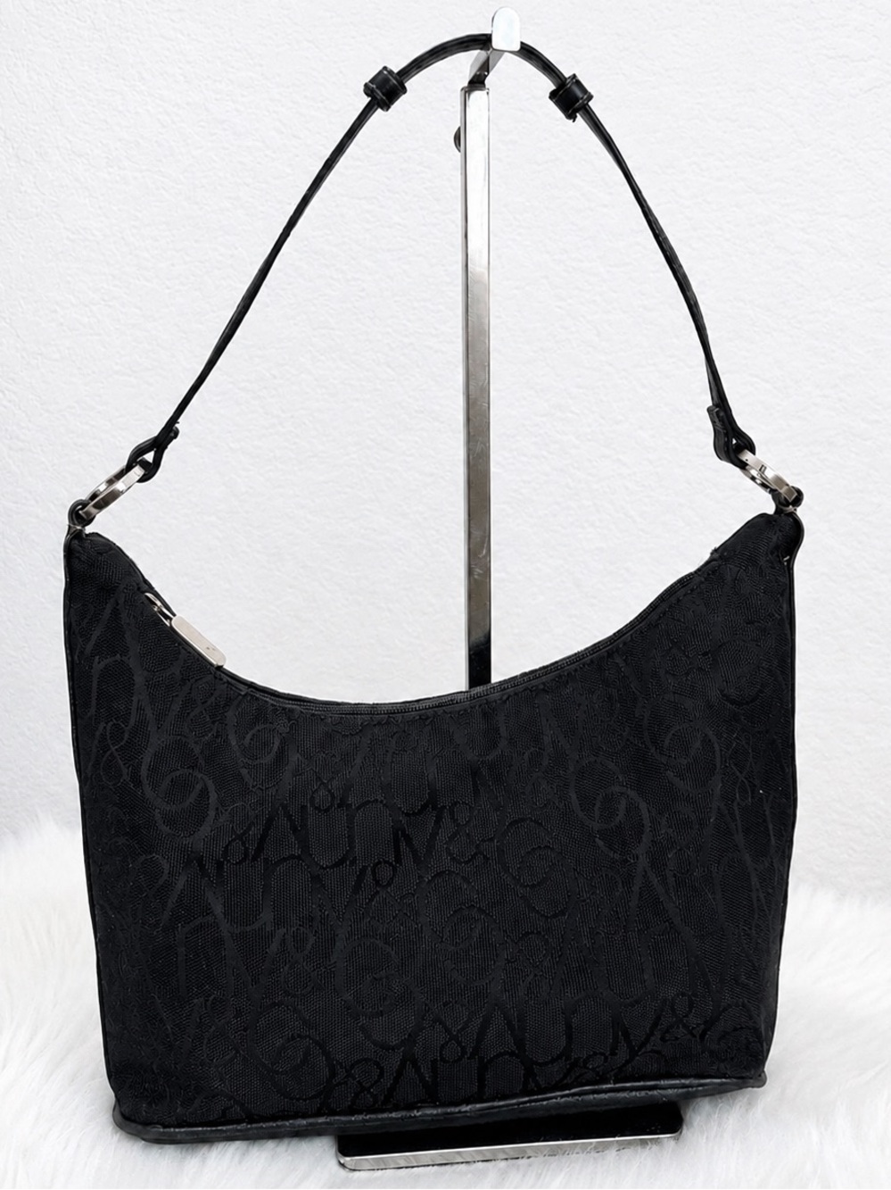 NY & Co Vintage Y2K Black Logo Canvas Leather Baguette Shoulder Bag Monochrome
